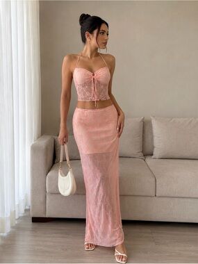 Sheer Lace Maxi Skirt in Blush Pink